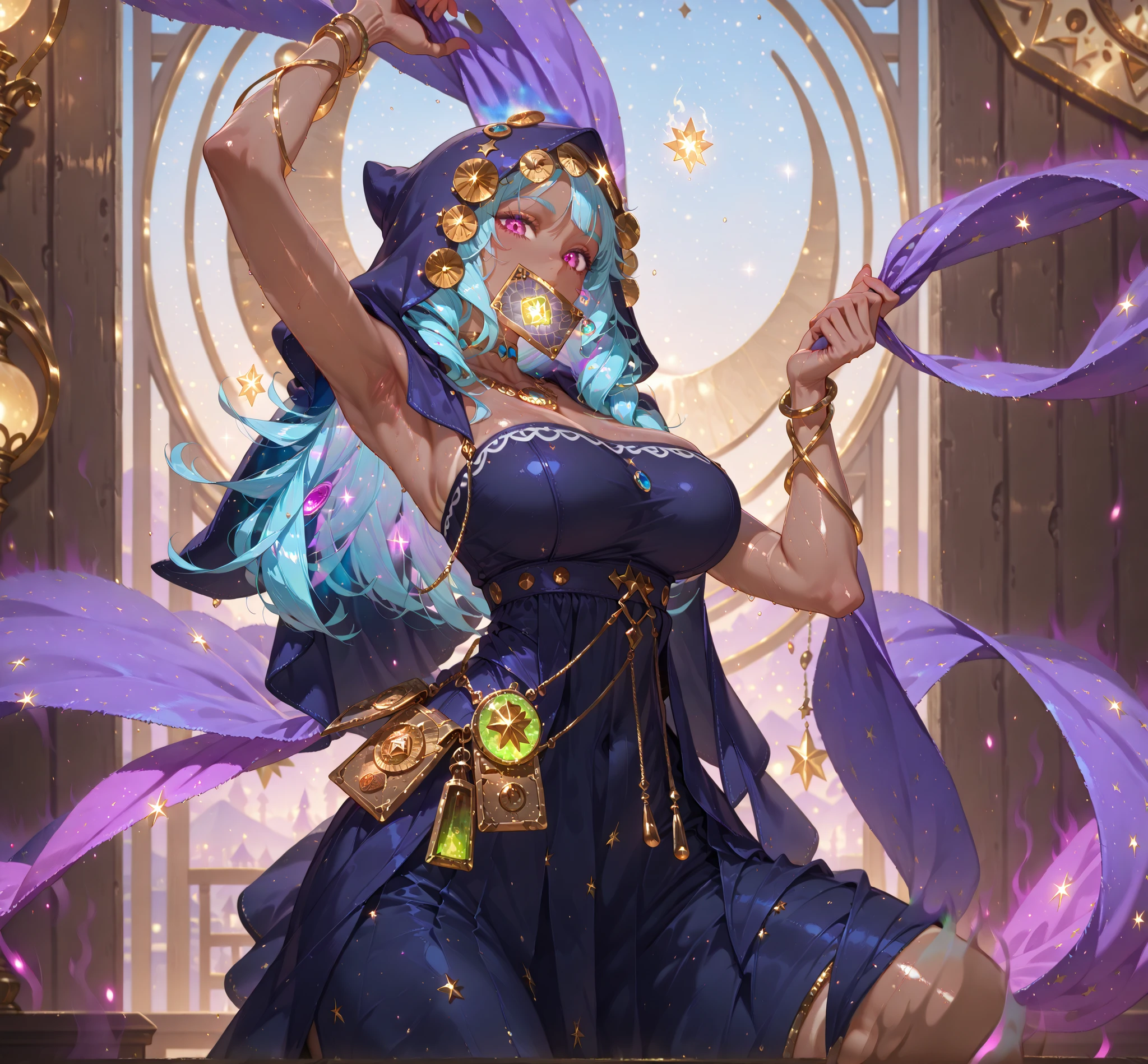 (SuperQuality:1.0) ~ (SuperQuality:1.2), detailxl, 1girl, High Resolution, Best Quality, High Details, Super Detailed, detailed background, tanned skin, fortune teller, cyan hair, pink eyes, hood, golden plaques, jewellery, bitting a card armpits, flying cloth, stars, glowing, aura,