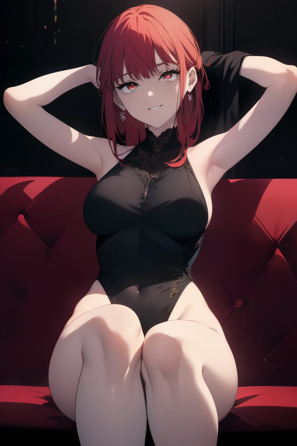 (nsfw:1.2), (lying limp:1.9), (Spread your legs:0.7), (Loose long Dress:1.5), (Red deep plunge neck dress:1.8), Sideless, necklace, Purple Bob Cut, High leg dressOne girl, Focus Only, in bedrooms on bed, window, Cyberpunk City,rain, night, City lights, View your viewers, Grin, Blunt bangs, eye shadow, Low Ponytail, lipstick, compensate, Detailed beautiful face, Detailed beautiful Purple eyes, Bare shoulders, Large Breasts, Cleavage, Thighs,blush