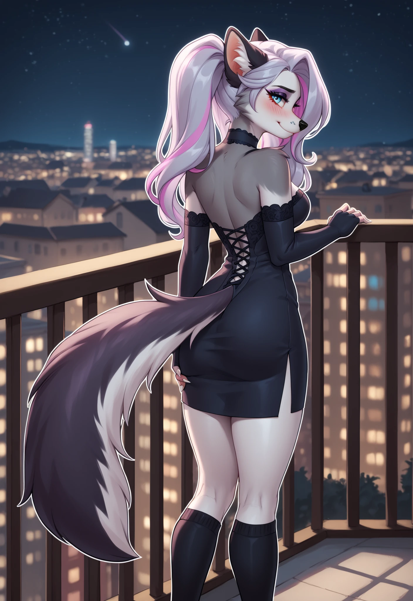 (4K HD Quality), score_9_up, score_8_up, score_6_up, anthro, solo, 1girl, anthropomorphic, female, furry, fox, (blue eyes:1.2), medium breasts, long white tail, claws, (white claws:1.2), pink pad paws,
Long thick hair, white hair, (Twintails hair:1.2),
(Lavender hair:1.4), (lavender highlights hair:1.4), (lavender streaks hair:1.4), (lavender dip dye hair:1.4), (lavender tip dyeing hair:1.4),
Loona, black-purple ears, (gray fur:1.4), long white tail, (long black-purple tail:1.4),
Dark purple eyeshadow, (black-purple sleeve gloves (fingerless):1.2), (black-purple Thigh-high socks (toeless):1.2),
Dress,
(White outline:1.4), blushing, slight smile, slightly flustered expression, looking at viewer, look back, Half-closed eyes, shy, nervous, (close-up view:1.4),
standing on balcony, night, (big city view:1.2), (simple dark background:1.1), view from behind,