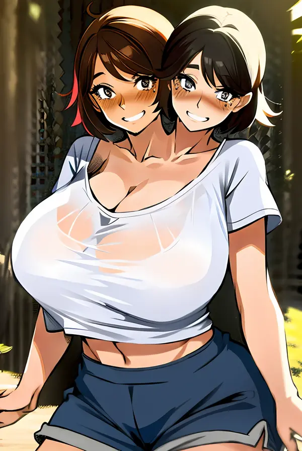2heads, a short chubby woman with 2 heads. She has enormous breasts. She is wearing just a t-shirt and shorts. She looks sleepy. She looks happy. She is in a bedroom. She has massive breasts. Her nipples are enormous and erect, and can be seen poking through her shirt. Her breasts are gigantic. She has nipples as big as strawberries poking into her shirt.