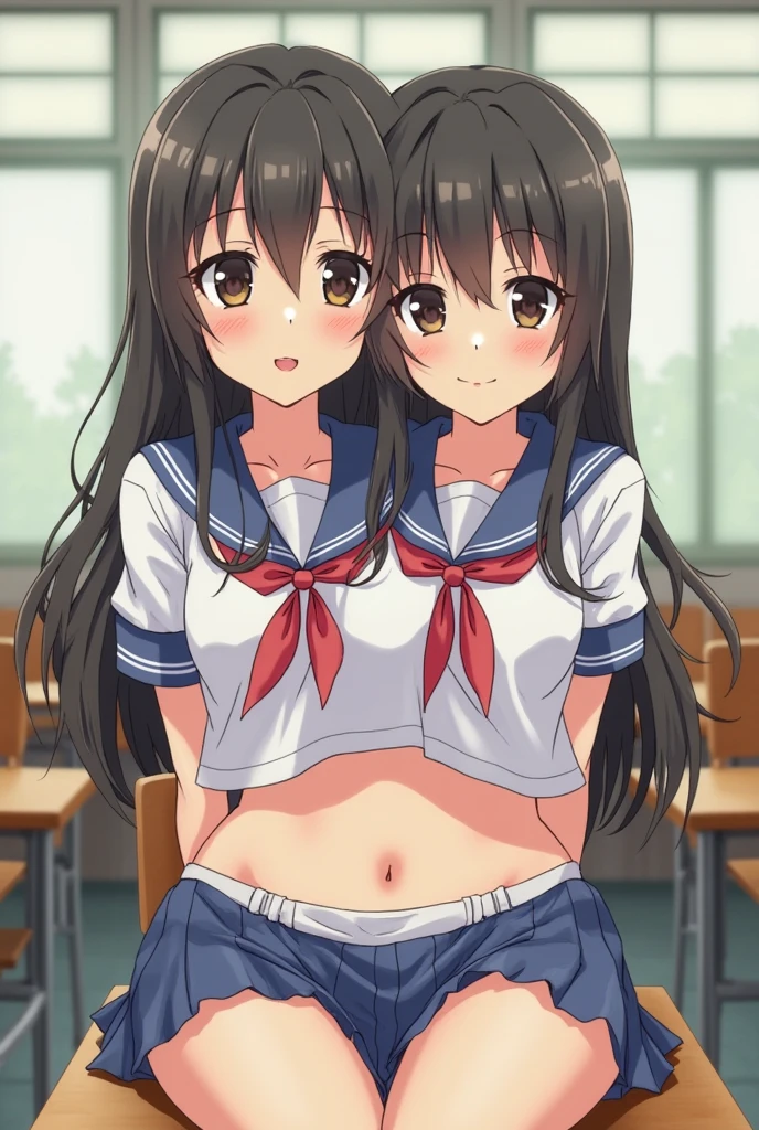 2 girls , Yukinoshita Yukino , yuigahama yui'bust and pussy are amazing, waltz dance , white gym uniform,white lace panties,Light pink lace panties,The line of the pussy,thighs,high angle,look at the camera,smile,Embarrassed and blushing,playground