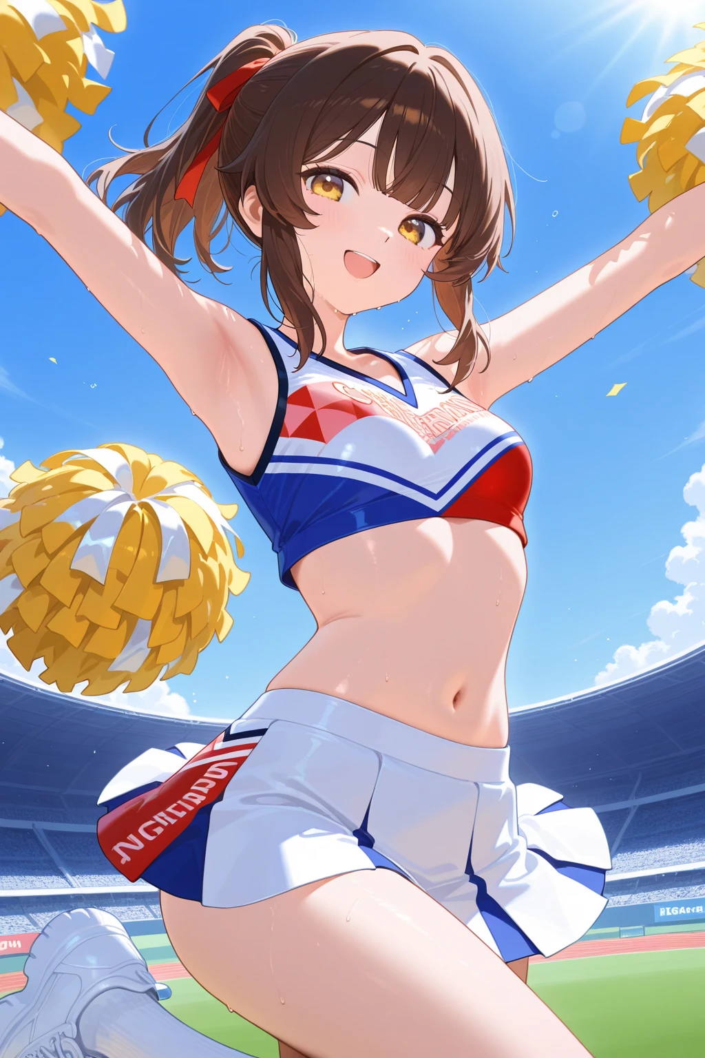 A beautiful 20 year old girl, anime girl, cheerleader, yellow pom poms, (cheerleaders:1.5), (pompoms:0.8), I'm rooting for you, jumpping, cheer jumps, girly pose, dynamic motion, dynamic moves, football stadium, football field, burst of confetti, cheering crowd, cheerleader costume, (mini skirt), skirt lift, happy atmosphere, vibrant colors, white sneakers, white short socks, flowers panties, (white panties:1.4), dark brown hair, bangs, ponytail, wavy hair, expressive hair, shiny hair, hair ornament, hair bow, one eye closed, aqua eyes, glowing eyes, earrings, open mouth, smile, blush, bright pupils, seductive smile, happy, red lips, tongue, upper teeth, big round breasts, slim waist, navel, defined body, full body, slim legs, defined thighs, anime, image fill, border, first-person view, pov, three-quarter front angle, perspective, Wide-Angle, macro photo, f/1.8, 85mm, Sony FE GM, 8k, super detail, UHD, retina, masterpiece, accurate, anatomically correct, best quality, highres
