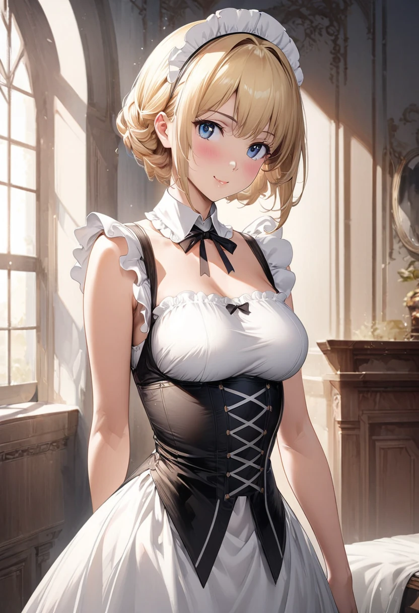 Anime style, super fine illustration, super clear illustration, highly detailed, beautiful detailed, super pale tone image, super delicate illustration, super calm & static image, static representation, gentle expression, 8k, pretty 1girl with blonde straight short hair & blue eyes & a bright smile & full bust & nipples & soft fair skin is wearing the Traditional maid dress not to show her skin in the romantic room, maid cosplay, solo, perfect fingers, perfect arms, perfect legs, masterpiece.