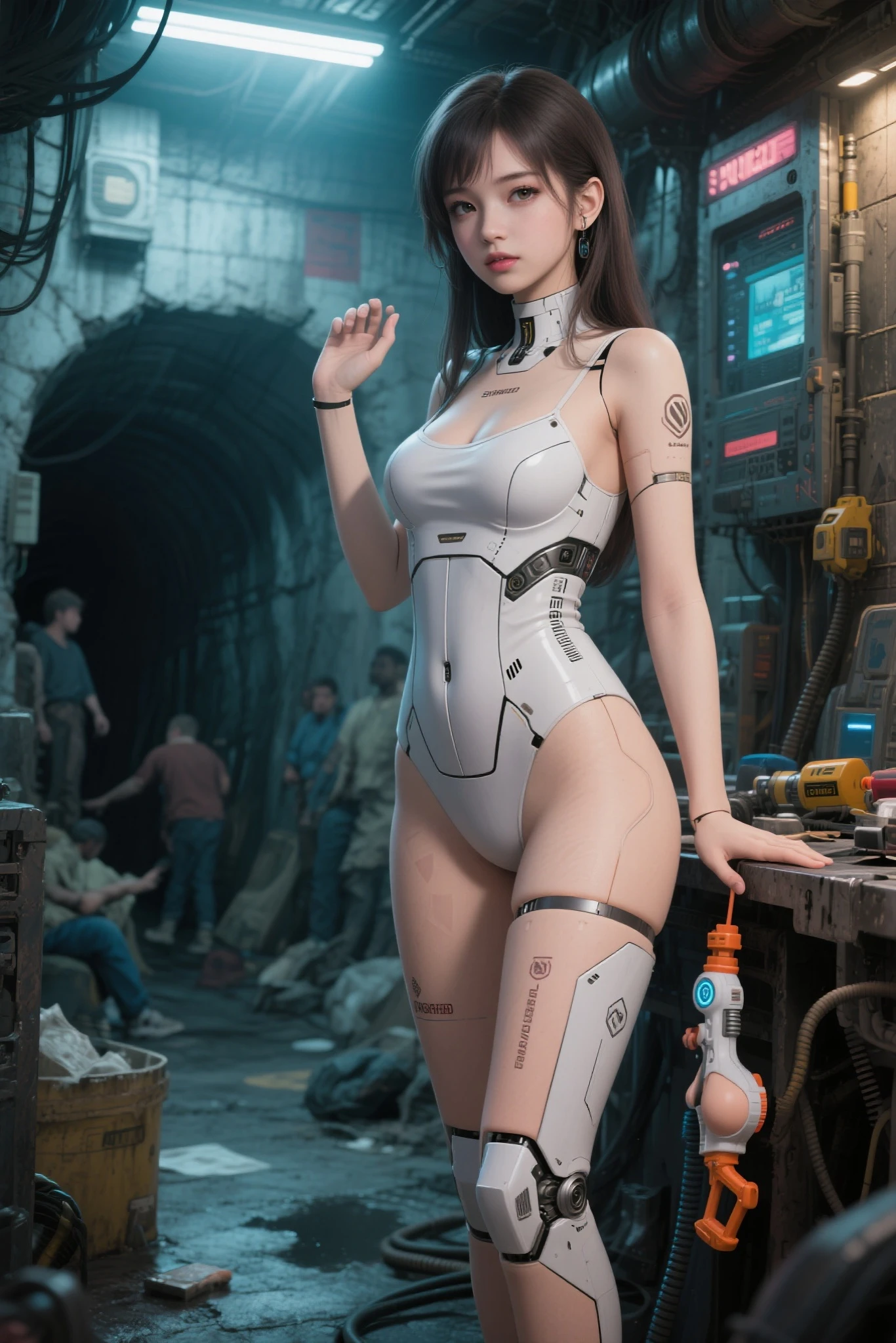 shot with anamorphic lenses、The Art of Digital Cyberpunk,Near future、 Mecha Cyber Gunmetal Armor Girl, cyberpunk beautiful girl,((Matte skin))、The wind is blowing、Well-formed face、Girl Naked、barechested、((Nothing is worn))、fullnude、Naked 14 years old、fullnude、8Head and body、a small face、A slender、Very skinny、skinny、tiny chest,Ribs、discreet breasts、Smaller chest、small tits、beauty legs、Constricted waist、dented belly、Model body type、Beautiful black hair with luster、Backgrounds that look like real photos、(((NSFW)))、outside of house、(Thigh strap for only one leg)、Happy face、((The view is amazing.))、Show to a very large audience、A smile、Near Future Cosplay、NSFW、Gantz,GANTZ Suit、X-gun、Knives、In flight、Sky Fight、head gear、tutelary、Guardian Mecha、Cyber Robot、Gigantic Weapon、hold a gun、(((Silver Plasma)))、natta、Buddy is the strongest female android、Iconic heroine、Rear view、hip lines