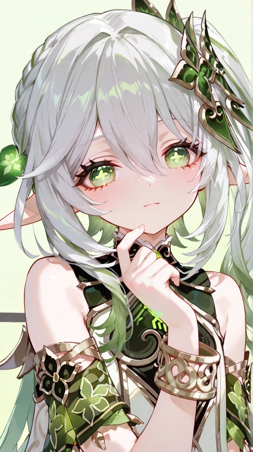 Quality(masterpiece、最高Quality、high resolution、beautiful face in every detail、anatomically correct、detailed depiction)、nahida, 1girl, nahida (genshin impact), long hair, side ponytail, pointy ears, white hair, hair ornament, green hair, green eyes, ((cross-shaped pupils:1.3)), hair between eyes, grey hair, multicolored hair, bracelet,Background,(Design a four-leaf clover、Yellow-green glow)、The whole body is visible。