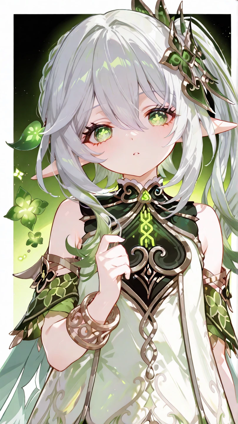 Quality(masterpiece、最高Quality、high resolution、beautiful face in every detail、anatomically correct、detailed depiction)、nahida, 1girl, nahida (genshin impact), long hair, side ponytail, pointy ears, white hair, hair ornament, green hair, green eyes, ((cross-shaped pupils:1.3)), hair between eyes, grey hair, multicolored hair, bracelet,Background,(Design a four-leaf clover、Yellow-green glow)、The whole body is visible。