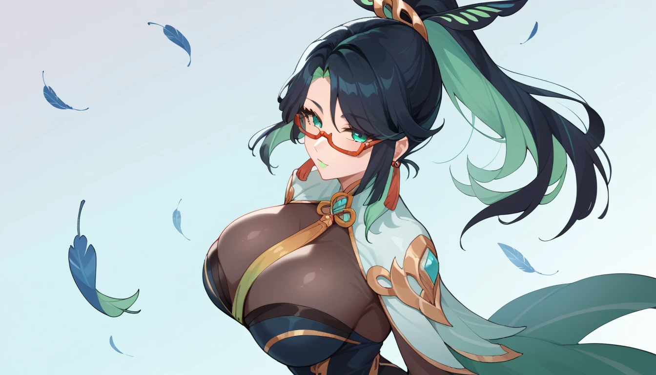 masterpiece, high resolution, best quality, rendered art, beautiful art, well formed fingers and hands, 1 woman, Xianyun, glasses, hair ornament ,adult, grown up, 31 years old, large and round breasted, cleavage, full body, wearing a Iroha Samurai Spirits cosplay, Iroha_Samurai_Spirits_cosplay, maid hat, choker, fingerless gloves, black tights, sexy and skimpy kimono, pelvic curtain, white maid uniform, fighting in a combat match, showing her fighting skills, making her guard, about to hit the viewer, looking at the viewer,   sweating, bouncing breasts, smiling joyfully and brightly, being confident and proud, action and fighting scene, fighting cage on beach environment.                    