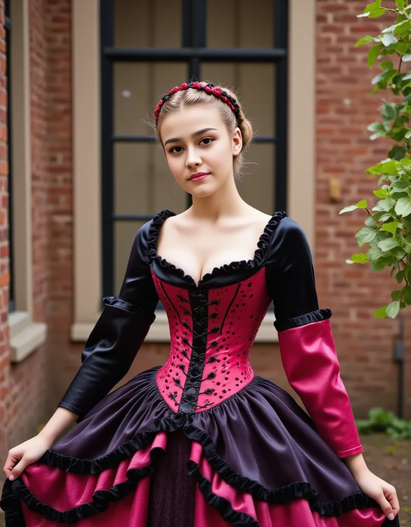 wearing pink goth dress, a woman in front of a black horse