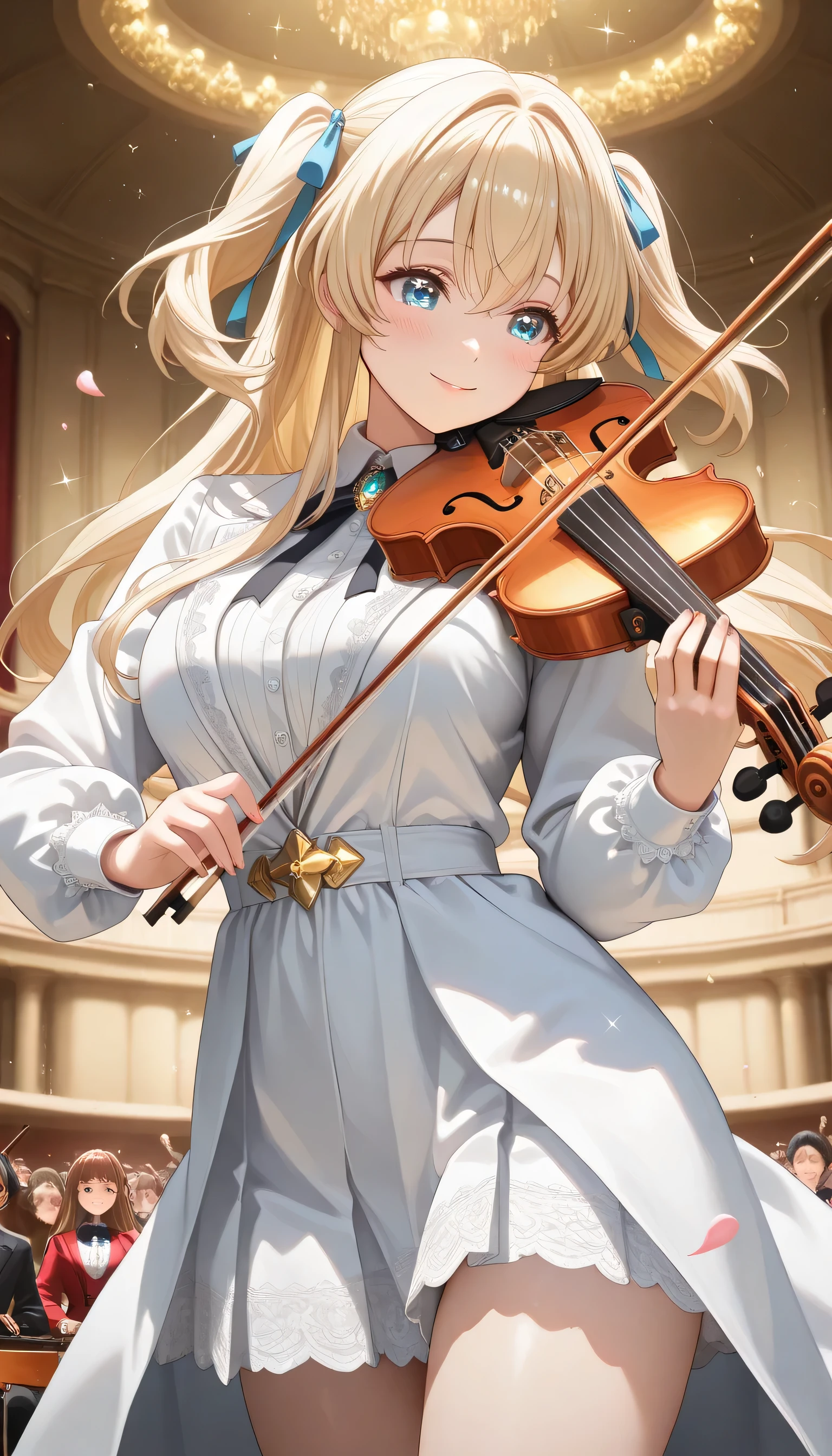 ((ultra-detailed)), (highly detailed CG illustration), (best quality:1.2), ultra-highly detailed, colorful composition, artistic photoshoot, 1girl, solo focus, ((thigh to top:1.4)), ((cowboy shot:1.4)), moe anime character, age girl, dainty facial structure, (baby face), (round face), ((rounded chin:1.2)), ((ideal ratio body proportions)), celia-default, celia claire, (blue eyes), sparkle eyes, blonde hair color, two side up, (hair ribbon with red), ((play the violin)), ((ultra-detailed violin)), ((best quality violin)), hold a bow in hand, ample breasts, ((red semi formal dress with gold decorations)), from front, expecting, pink cheek, blush, light pink gloss slip, petals glowing and fluttering, best quality, masterpiece, standing in the classical concert hall, orchestra, String players, portrait, dynamic pose, depth of field, soft lighting, sidelighting, (shine), lighting, caustics, ray tracing, smile, perfect face, lustrous skin, highly detailed face, highly detailed eyes, perfect face, perfect nose, perfect hair, perfect eyes, perfect anatomy, beautiful hair, beautiful small face, extremely detailed face, beautiful detailed eyes, beautiful clavicle, beautiful body, beautiful ample breasts, leavage, breasts squeezed together, equalize the size of the left and right breasts, beautiful thin thighs, beautiful legs, beautiful fingers, 4 fingers, 1 thumb, lovely, (very detailed background:1.0), (highly detailed background:1.0), spring aesthetic, intricate details, enjoy the performance atmosphere, spring colors palette, chromatic aberration