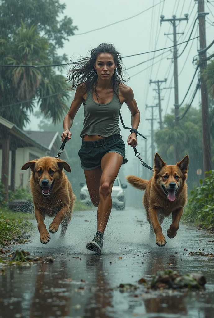 Create an image of a beautiful woman running away from a group of werewolves, through a swamp. In the background, depict wolves and creepy orange eyes ,dark green swamp --auto --s2