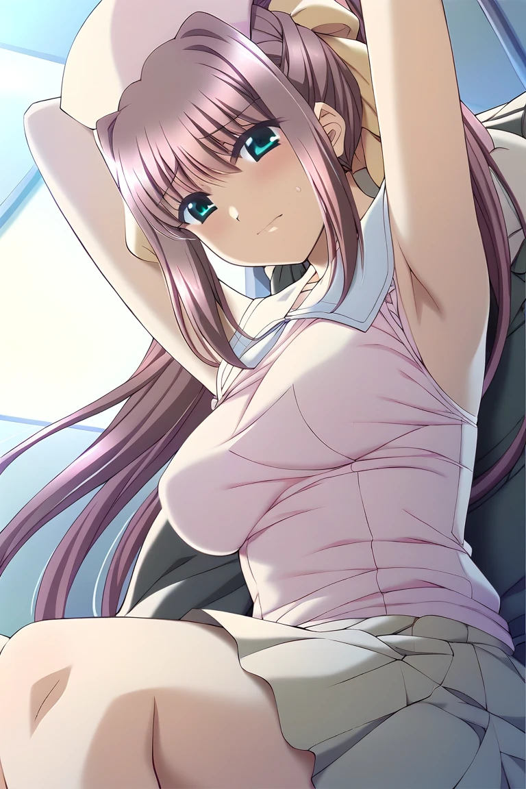 anime art style, 2d, masterpiece, best quality, very aesthetic, absurdres, dynamic shadows, atmosferic, shikimorisan, (1girl), pink hair, long hair, blue eyes, narrowed eyes, detailed eyes, hair between eyes, bangs, medium breasts, makeup, curvy body, sexy, turtleneck shirt, black shirt, white skirt, pleated skirt, white thighhighs, see-throught thighhighs, panties, bare shoulders, bare arms, sneakers, angry, ((cowboy shot)), ((arms on back)), (sitting), (from below), (bed), (furniture), (plants), (indoors), (window), (looking at viewer:1.0)