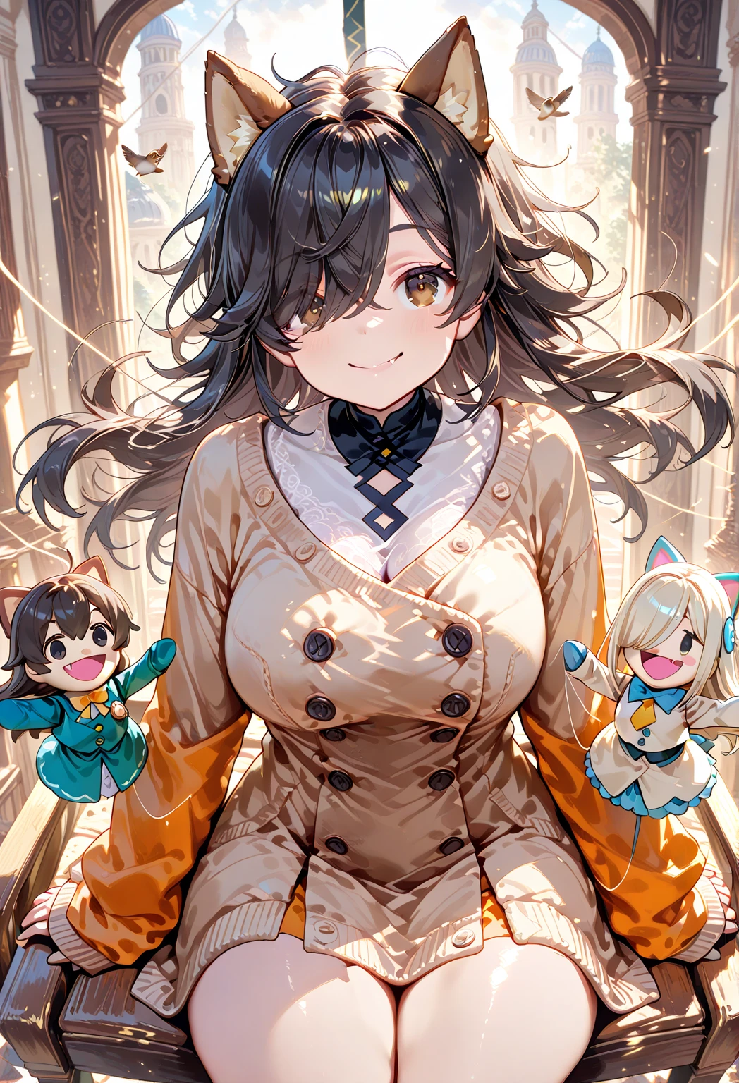 (wizard classroom: 1.2), robes, wizards, sorcerer, magic academy, alchemy, table, desk, (giantess:1.3), small breasts, smug, cleavage, serafuku, tall, a classroom of people on a platform below the breasts of a giantess, a classroom of people on a platform in front of the breasts of a giantess, (crowds:1.4), (multiple_girls:1.5), (1girl:1.5), serafuku, (minigirl:1.4), (minigirl on a table: 1.2)