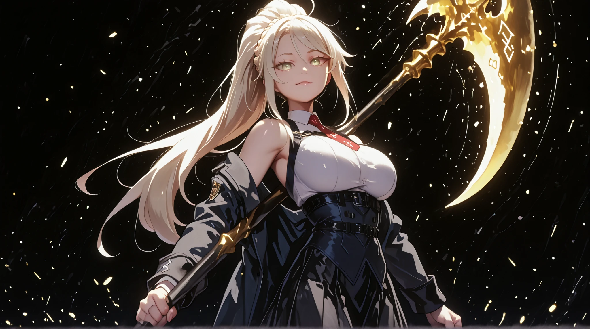 A young female character, black background, with the same height and body type as Mash from Fate Grand Order. She has long blonde hair tied in a ponytail, like Artoria Pendragon Ruler from Fate Grand Order, and the same facial features as Artoria Pendragon Ruler from Fate Grand Order: green eyes, but with a provocative and confident smile. She wears a black military uniform with a black skirt. This uniform is very detailed, with gold medals and symbols, and a red tie. Her pose is bold and confrontational, looking directly at the viewer with her head slightly tilted, shoulders back, and an expression full of confidence. The overall style should be detailed and colorful, matching the rendering quality, but with a cyberpunk touch and a younger feminine appearance. The character is holding a gigantic black scythe, whose blade is disproportionately large — much larger than the character's total height. She wears a black military coat, very detailed, full of medals, the coat is falling over her arms, leaving her shoulders exposed. The character has large breasts and butt, giant predominantly black scythe, golden metallic runes on the shoulders and arms, in a fighting stance as if attacking an enemy. The character must be facing the viewer (screen), the character is standing, in attack stance, the character is standing, in attack stance, attack stance as if attacking the enemy with the giant black scythe, black background, huge black scythe, huge black scythe.