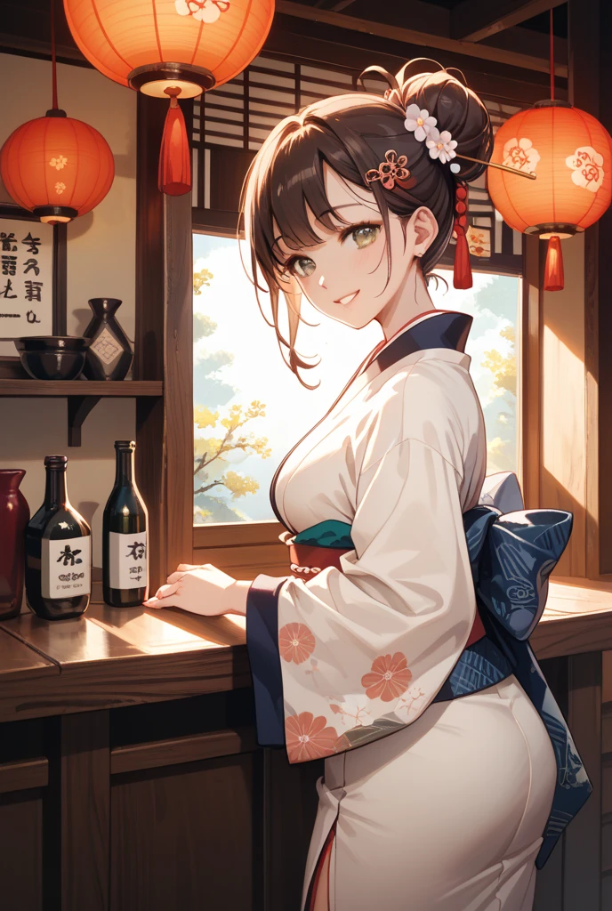1girl, solo, super fine illustration, an extremely delicate and beautiful, best quality, brown hair, green eyes, hopeful, motivated, kimono, traditional, wine bottle, putting away, bright, warm, hopeful, determined, strong, resilient, simple, elegant, optimistic, courageous, front view, half body, colored paper, wall, New Year’s resolutions.