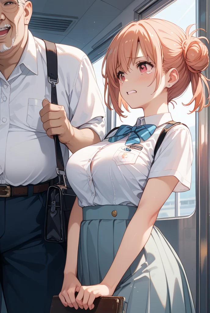 SFW, Realistic, masutepiece, VERY crowded subway train interior detailed scenario, VERY crowded subway train interior detailed background, Insanely hot standing (woman 1) Use something sexy ((School uniform)), （Gray hair color Short hair）、（Indigo eyes）、（Mole under the mouth）(((Lifted skirt)),（Big breasts）、 (Big ass), (thick thigths), (fear expression), blushed face, old small man ass groping woman 1 from behind,(((old small man pressing his chest on woman 1 back))) And (((holding her waist behind her)))