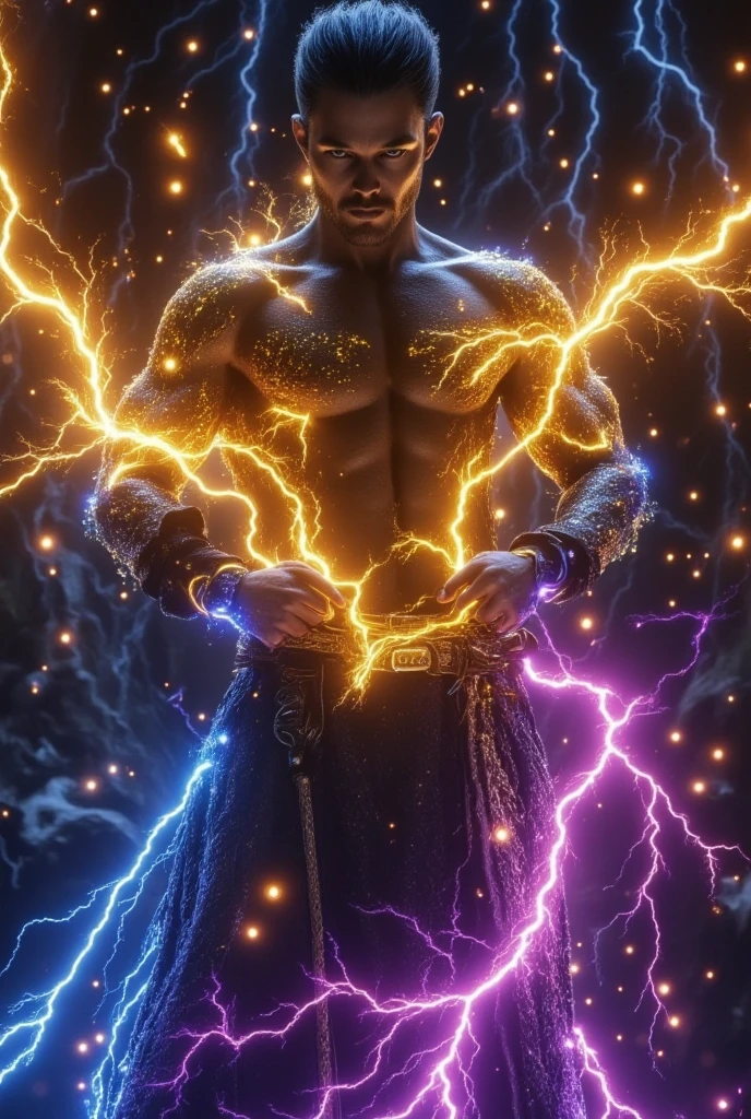 Cosmic man, handsome, strong, muscular, silky hair, flames of different colors surrounding his body, bursts of leaves surrounding him, streams of water coming out of him, giving way and leaving crystal 