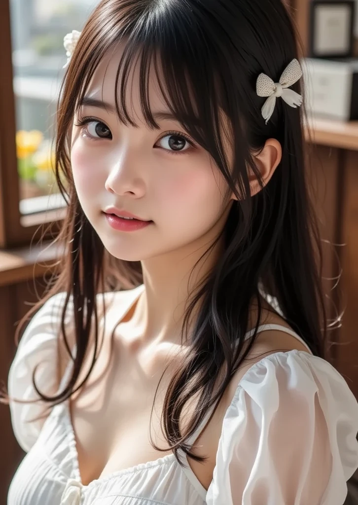 Beautiful 18 year old Japanese woman), Cute face, (Deeply chiseled face:0.7), (freckles:0.6), Soft Light,Healthy white skin, shy, (Serious face), (Sparkling eyes), thin, drunken eyes, (flat chest:1.2),White underwear,double hair buns hair,bangs,cowboy shot,
