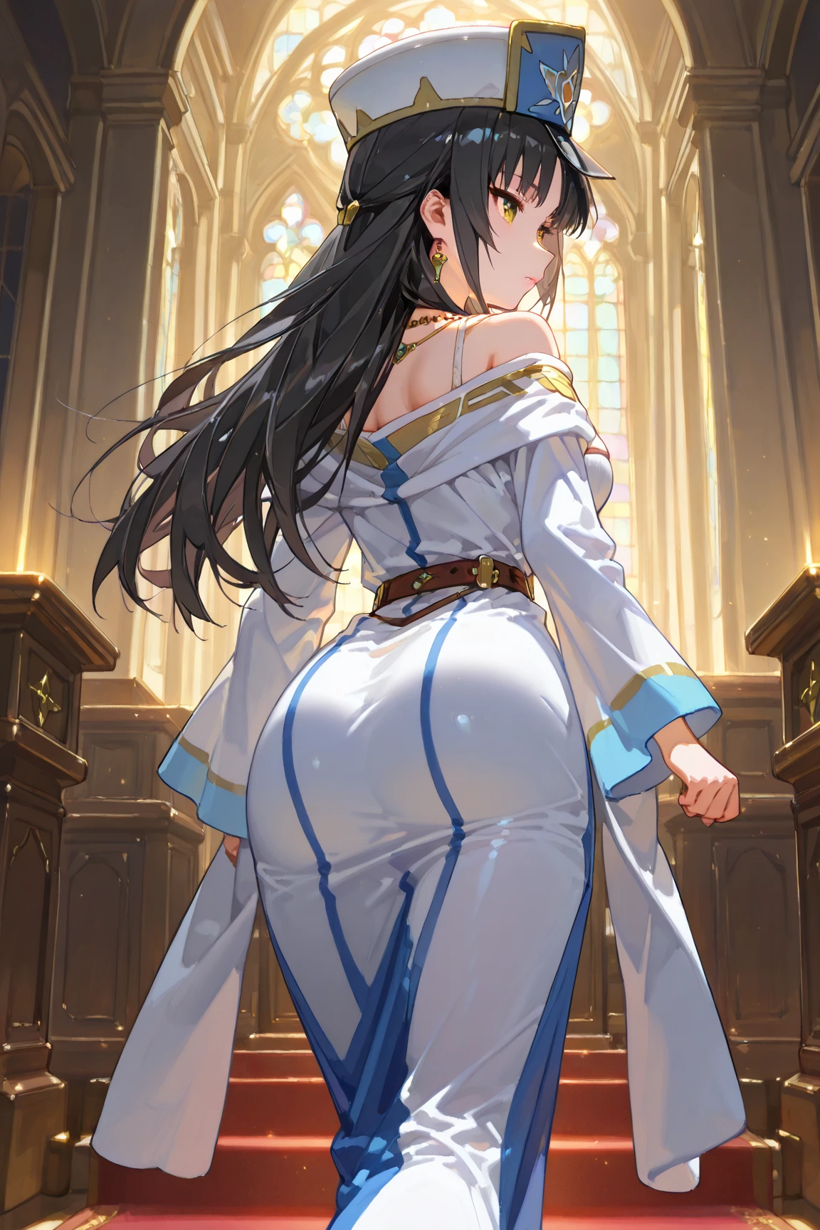 Anime, Highres, Detailed, Extremely Detailed,
indoors, window,
from behind, cowboy shot, ass focus,
ddasuna,
solo, a girl, royal princesent over:1.2), ass, (panties:1.2), cameltoe, looking at viewer,
(slim body), skinny legs,
long hair, brown hair, hair ribbon,
makeup, eyeliner, eyeshadow, brown eyes, smiling,
white armor, armored dress, (skirt), detached sleeves, white gloves, (white thighhighs:1.1),
intricate details,
hyper detailed, high quality,