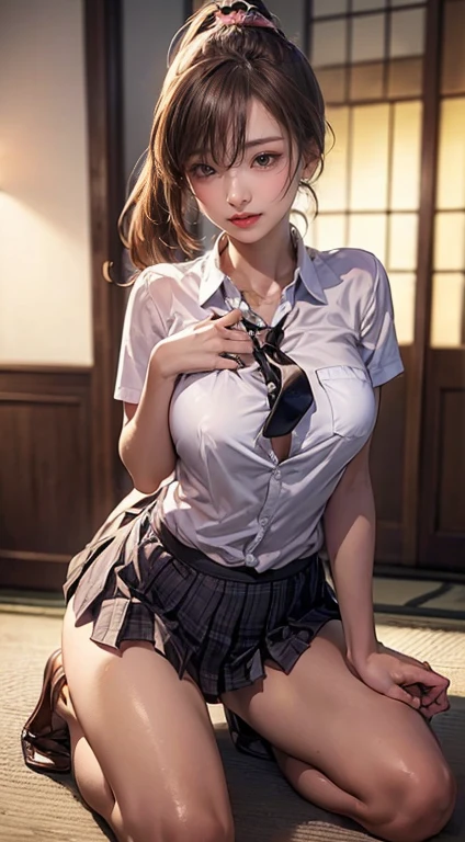 8k, masterpiece, RAW Photos, Highest quality, Realistic, Extremely detailed CG unifies 8k, 8k, diamond, wallpaper, Depth of written boundary, Cinematic Light, Lens flare, Ray Tracing, (Very beautiful face, Beautiful Lips, Beautiful Eyes), Exquisitely detailed face, ((Highly detailed skin)) One girl, In the Dark, Deep Shadow, Cute Korean Girl, K-Pop Idols, 1 Girl, (Very slim and slender muscular body:1.3), ((Displaying the viewer)),(Big smile:1.3), (Blurred Background), In the living room),(There is no one in the background:1.3), Beautiful earrings, Bangles, necklace, pantyhose, Clear Eyes, walking, (Pale skin), (Big eyes), Look forward, (Brown Hair), (Full Body Shot), ((Skinny Women's Suits:1.3)), ((White suit jacket，Red tie，Thong Panties)), ((White suit jacket，Red tie，Thong Panties)), (Displaying the viewer:1.3) Open chest, Very slim, Big Breasts, Turn back, (Buckshot), Ass Focus, In front of eyebrows,(Skinny Women's Clothing), Thick thighs