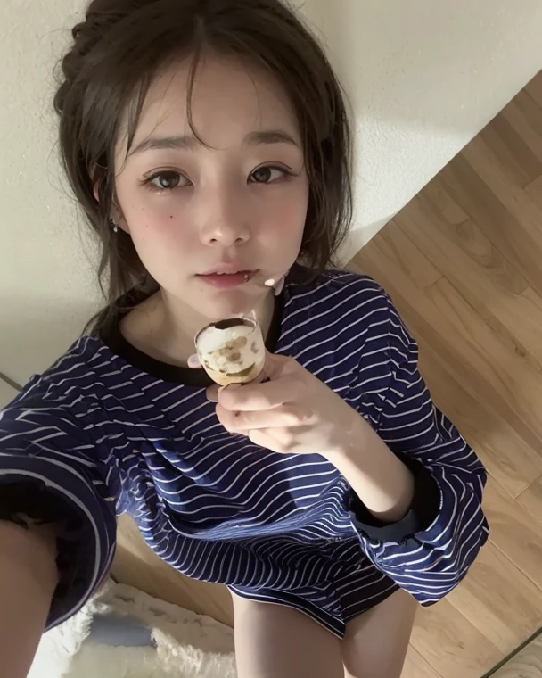 Chica de Araffe con un pan en la boca y un vestido azul, ulzzang, dilraba dilmurat, Joven linda cara, Hermosa Delphine, young thin gravure idol, realistic young gravure idol, Hermosa chica, facial feminization, pose con un pan en la boca, porcelain skin, 19 year old