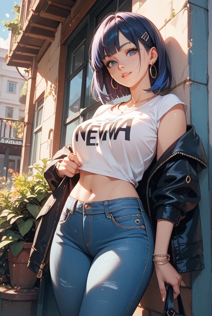 (Hinata Hyuuga, muito sensual, com roupas apertadas, bunda grande, pernas grossas, Vestindo jeans extremamente apertado, usando uma mini blusa, umbigo com pirsing, cabelo grande, Speaker behind, muito realista, extremamente sexy, 8k, 8k extremamente detalhado), (um extremamente delicado e bonito), (obra-prima), (melhor qualidade: 1.0), (Ultra-alta:1.0)