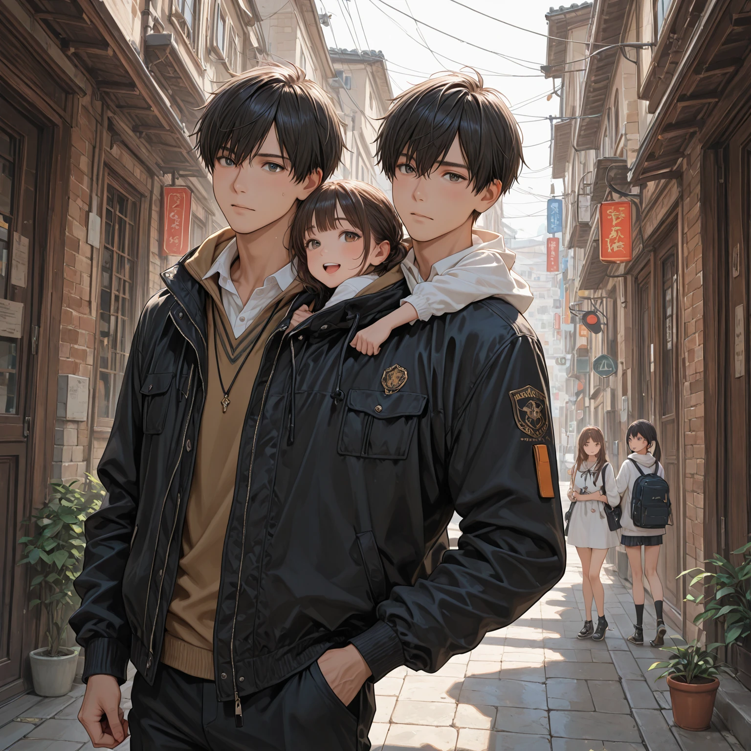 George is a boy of about 18 years old with a black hair mop on scratch, olhos azuis brilhantes, e sardas no nariz. He is wearing a white shirt with the sleeves rolled up to his elbows, Green baggy trousers, Botas marrons, e faixa marrom. He wears a red scarf around his neck, estilo pixar dos desenhos animados