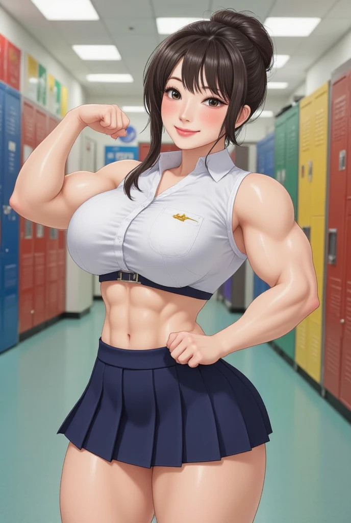 ,girl,, muscular female, alternate muscle size,,muscular ,room,biceps,school uniform, ,blush,,abs,muscular thighs, torn clothes, thick thighs, incoming gift,