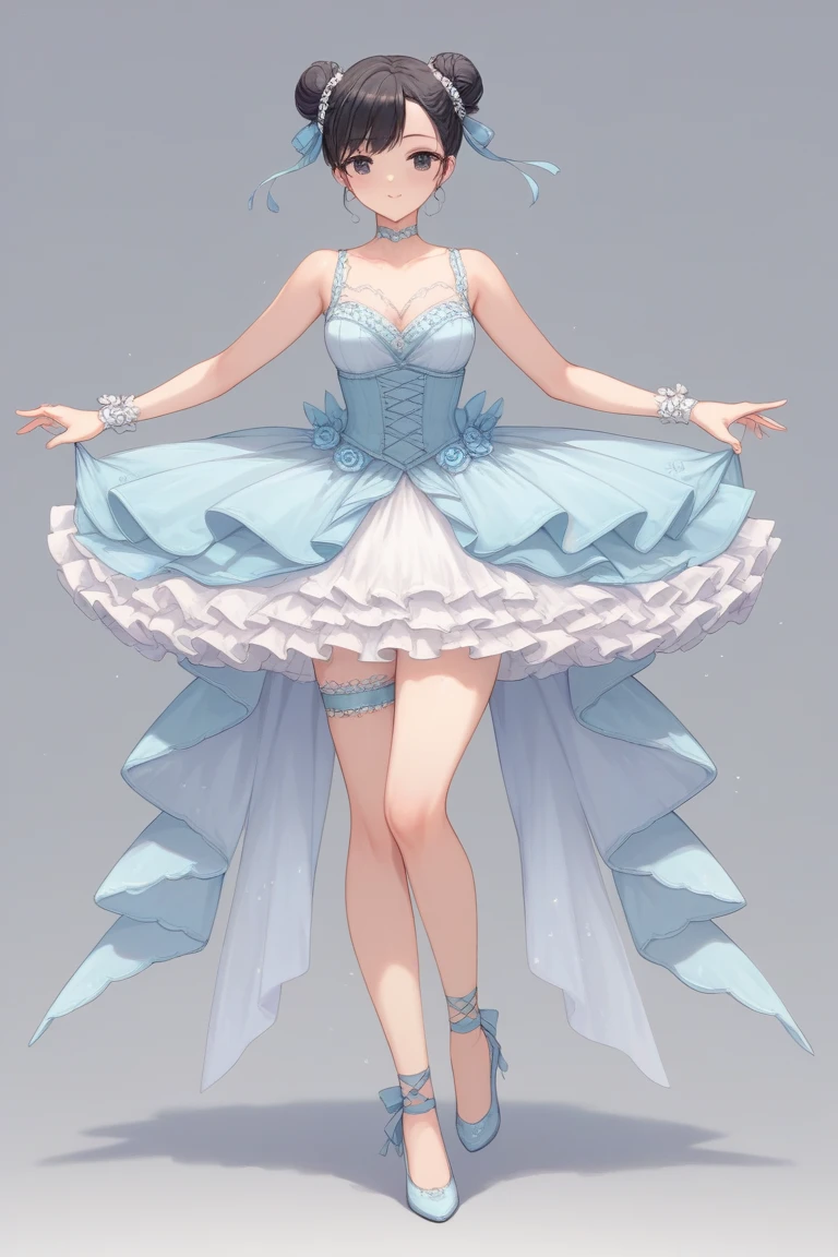 Best quality, 8k, 32k, Masterpiece, ultra-detailed ,blurry background,deep shadow,perfect face, perfect eyes, perfect fingers,clear face, raw photo,, absolutely resolution,full body,a teenager , small face, Double eyelid ,big eyes, droopy eyes, sparkling eyes, (bright blue eyes), pale skin, shiny skin, (silver hair,short hair, shaggy cut), shiny hair, slim, long leg, pink cheeks ,big breasts, cleavage, (butterfly hair ornament )