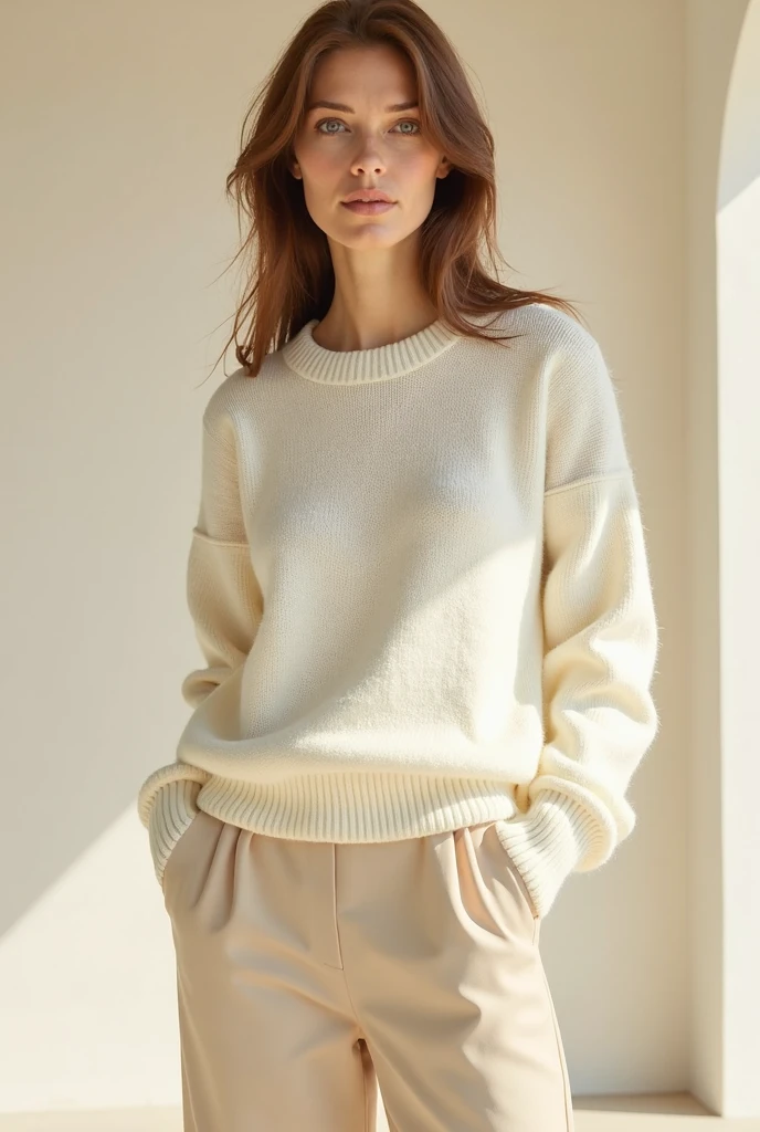 (,photorealistic), young brunette, studio lighting, a brunette model wearing a classy white sweater over a classy black lace top, and black pants standing in the bedroom, with the wall behind her, long hair, brazilian girl,