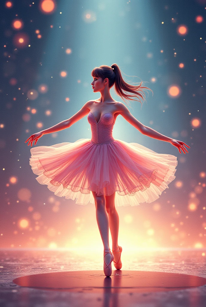 anime Illustration, shot of a ballerina from the perspective of underneath her thighs,