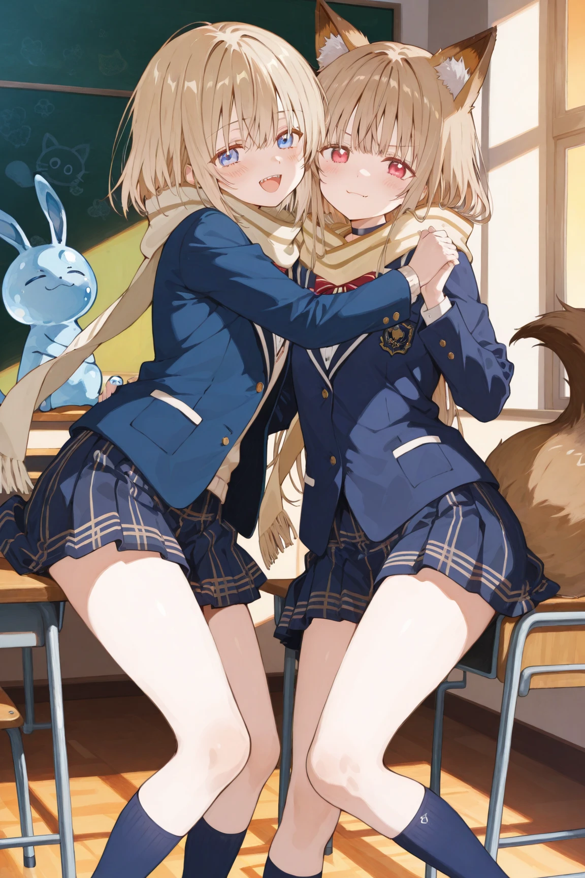 ((1 girl))、smile、small breasts、（cowboy shot）、(cardigan)、(blonde)、blush、(single braid)、(eye highlights:1.3)、blake black footwear,(黒いskirt)、bow, button, shirt with collar, long sleeve,  ((red bow tie, , black jacket, open jacket, 茶色のcardigan, white shirt, 黒のskirt, チェック柄のskirt、white socks)),, shirt,, skirt, socks, thighs, white shirt, rest indoors, ((classroom:1.5))、 BREAK While watching the audience、(skirtを掴む:1.0)、 (perfect hands, perfect anatomy),cowboy shot、(skirt lift:1.3),(highly detailed white panties:1.3)、(highly detailed panties:1.3)、、(skirt that rolls up:1.3)、(fully exposed panties:1.5)、blue eyes
