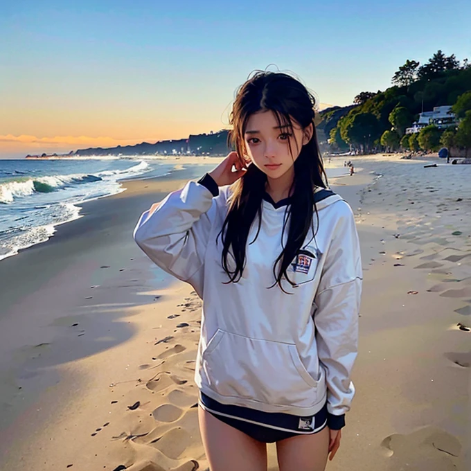 8K,Japanese,10 years old,Innocent face,Teenage Girl,smile,cute,Summer clothes,Casual wear,Sitting,Black Hair,Sandy Beach,coastline,Hair Clip,Night view,Starry Sky
