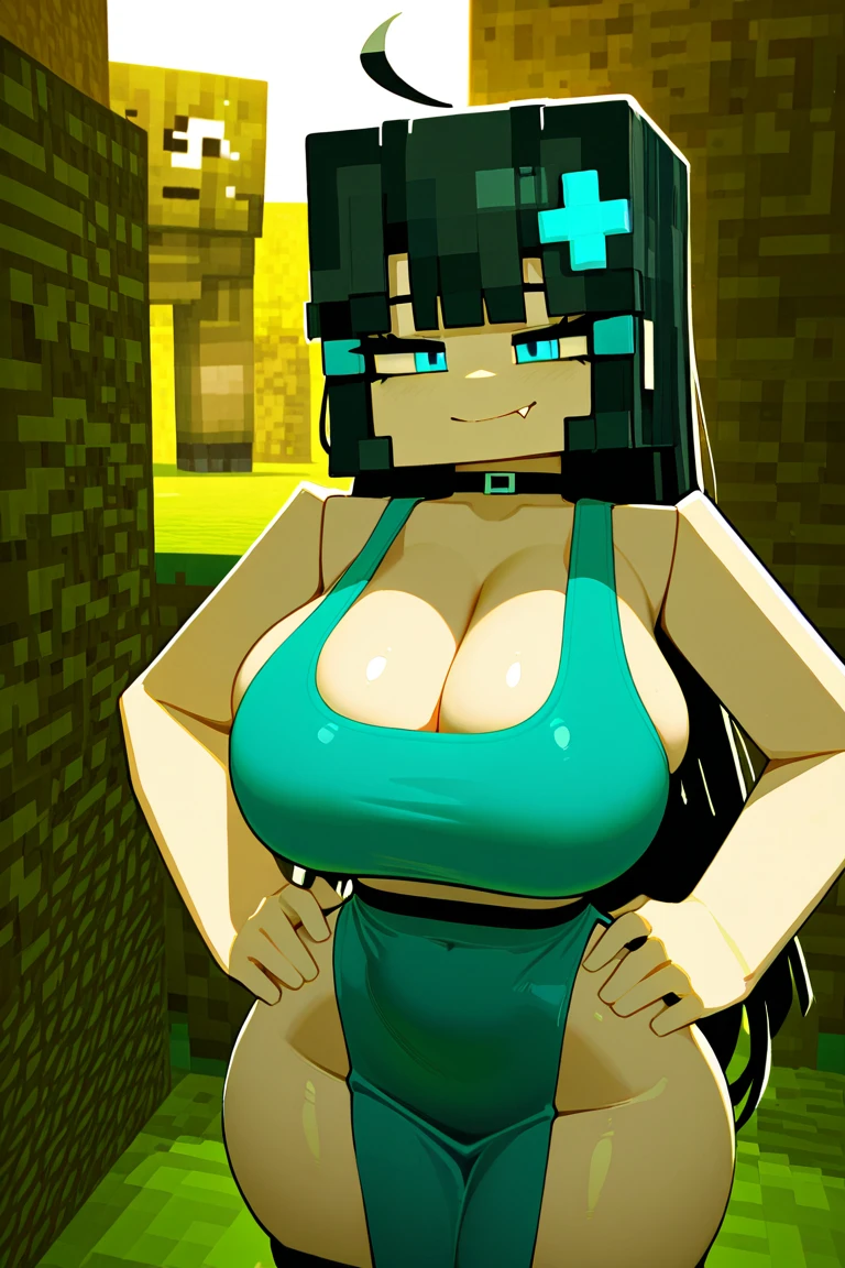 woman in minecraft posing for a picture in a maid outfit with gigantic breasts and metal choker minecraft render with a pixaleted render, big breasts , huge big breasts, , minecraft world style, huge big breasts , rendered mineraft in the background