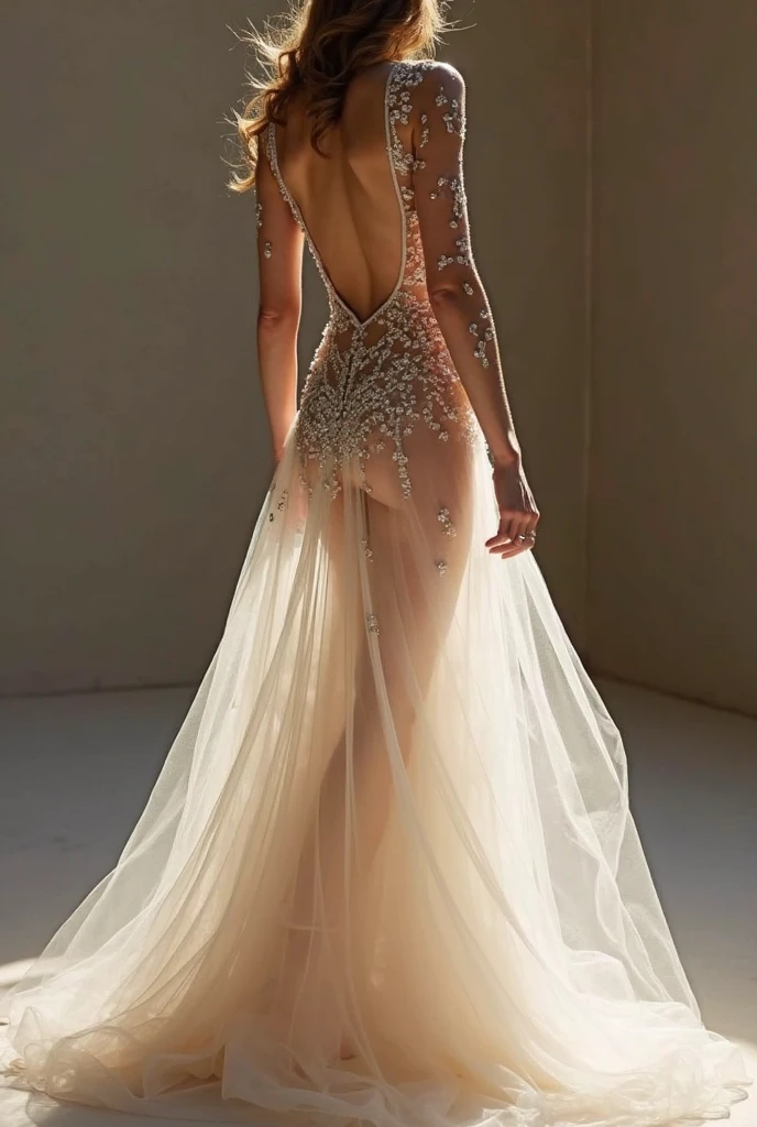 Scarlett Johansson, mystical film version, pink dress, long dress, tight dress, wet dress, transparent dress, chiffon dress, (((transparency on the chest))), (((buttocks visible under the translucent fabric))), small breasts, nipples, athletic body, red lips, (((transparency on the buttocks))), low back, lagoon, shot from behind.