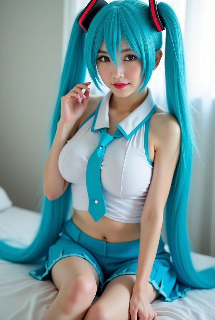 Menina anime com cabelo verde e biquini prateado sentada em uma cama, amigo, salto aldo azul, rosto de americana, musculosa, batom vermelho, olhos verdes, sorrindo, Melhor Avaliado em Pixiv, Mikudayo, menina anime sedutora, na empresa Pixiv, Hatsune amigo, Popular em Pixiv, Menina anime com cabelo martelo, Pixiv 3dcg |, [ Arte digital 4K ]!!, Pixiv, sona is a slender, fanart de alta qualidade