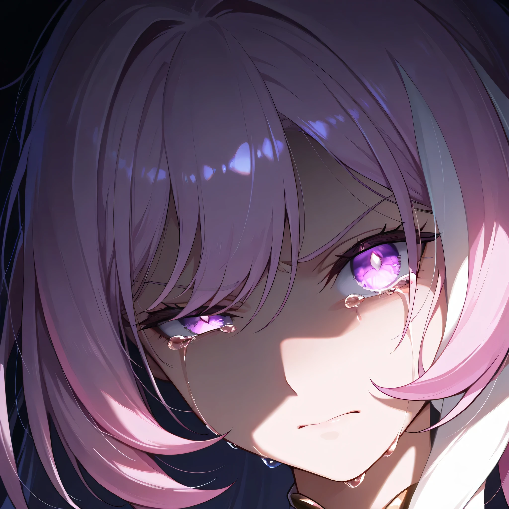 elysia herrscher of human ego ,1girl, close up, head tilt, confident, messy hair, sad, looking at viewer, dark atmosphere, serious expression, angry feel, tears, crying on one eye