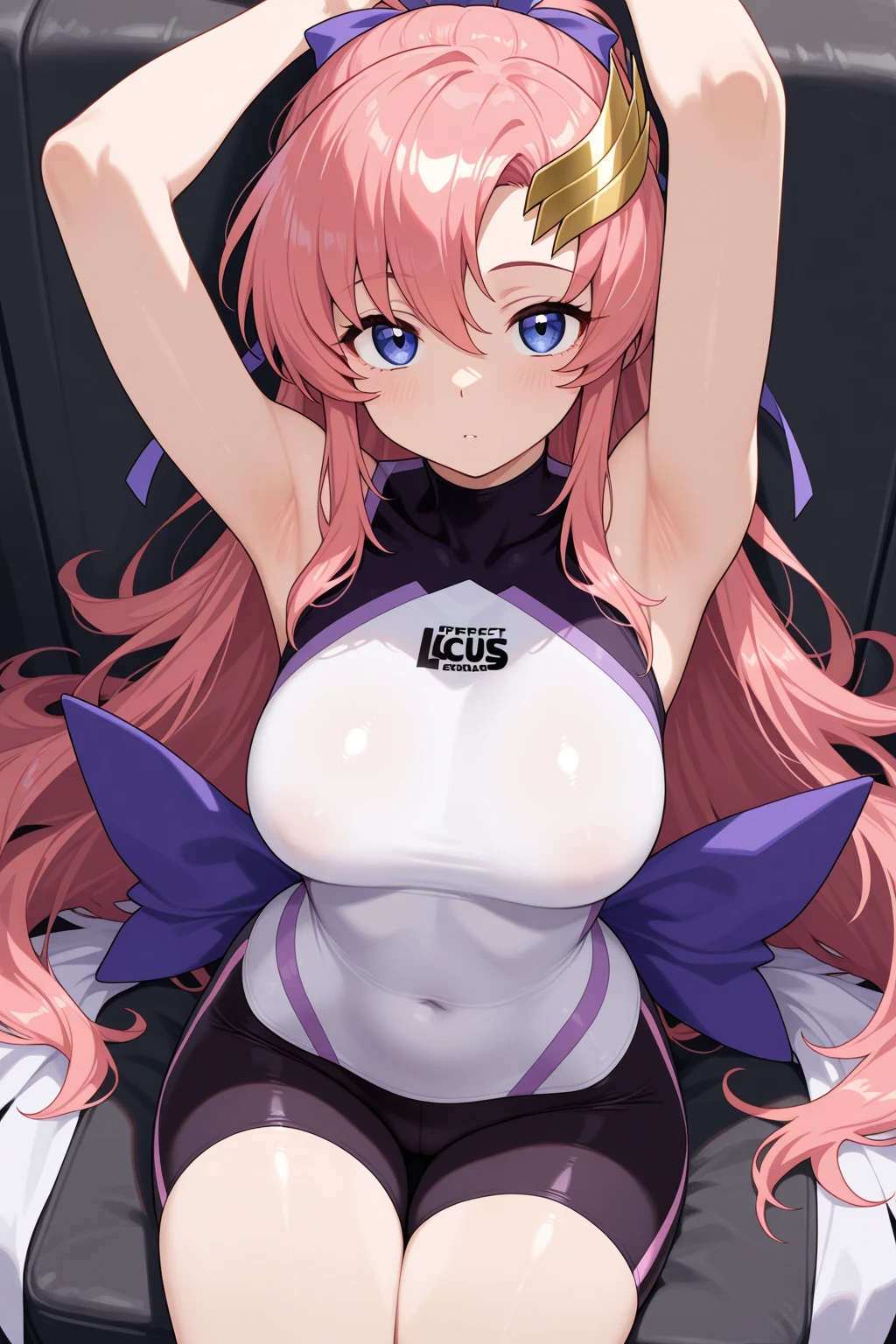 best quality, insanely detailed, nino nakano, breasts, blush, bedroom background, looking at viewer, bodysuit, cheerful eye, pantyhose, bare-shouldered