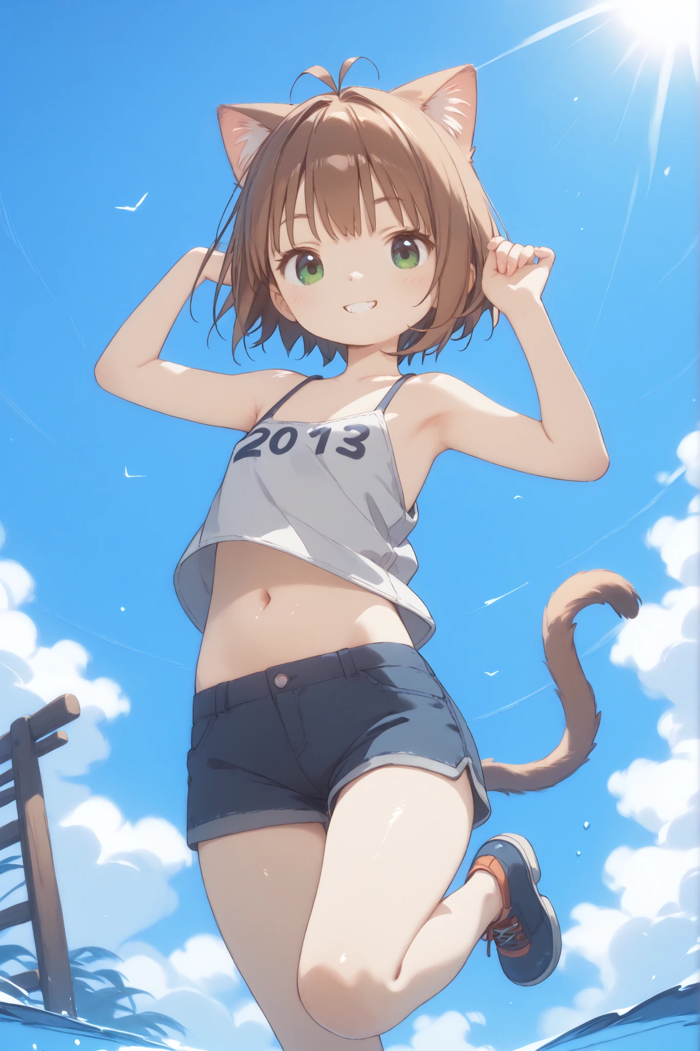 High Definition、High Quality、8k、4k、、、Juvenile body、Babyface、Cat ears、cat tail、、 immature body、1 girl playing with a cat, solo, green eyes, brown hair, shorT hair, stupid hair, anTenna hair, Smile Yan, , lori、 lori体形、young limbs 、10Year old、flat chest、Jumping、tank top with string、shorts with a cue stick、 with a visible navel