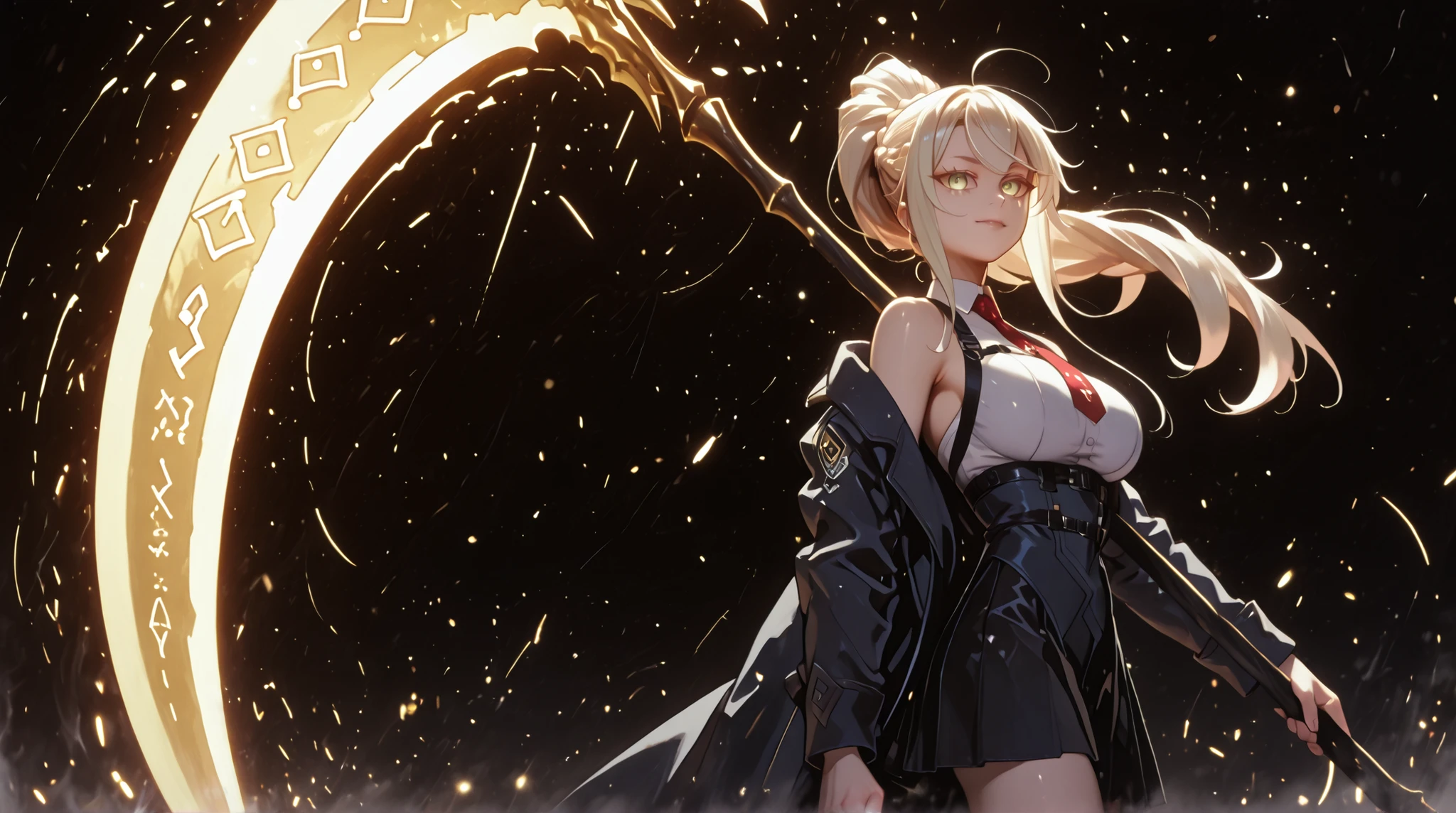 A young female character, black background, with the same height and body type as Mash from Fate Grand Order. She has long blonde hair tied in a ponytail, like Artoria Pendragon Ruler from Fate Grand Order, and the same facial features as Artoria Pendragon Ruler from Fate Grand Order: green eyes, but with a provocative and confident smile. She wears a black military uniform with a black skirt. This uniform is very detailed, with gold medals and symbols, and a red tie. Her pose is bold and confrontational, looking directly at the viewer with her head slightly tilted, shoulders back, and an expression full of confidence. The overall style should be detailed and colorful, matching the rendering quality, but with a cyberpunk touch and a younger feminine appearance. The character is holding a gigantic black scythe, whose blade is disproportionately large — much larger than the character's total height. She wears a black military coat, very detailed, full of medals, the coat is falling over her arms, leaving her shoulders exposed. The character has large breasts and butt, giant predominantly black scythe, golden metallic runes on the shoulders and arms, in a fighting stance as if attacking an enemy. The character must be facing the viewer (screen), the character is standing, in attack stance, the character is standing, in attack stance, attack stance as if attacking the enemy with the giant black scythe, black background, huge black scythe, huge black scythe.