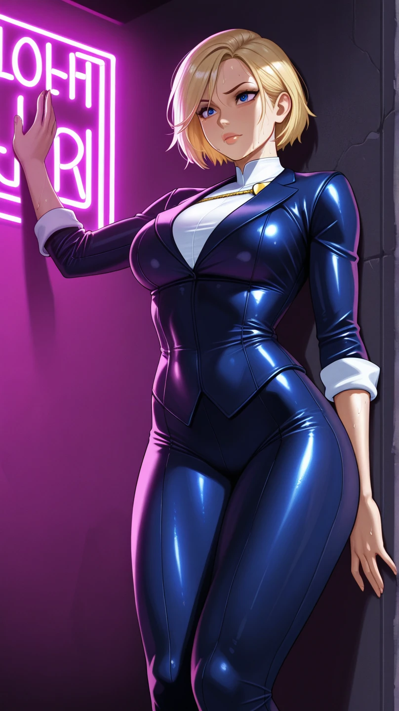 seductive anime girls, beautiful and seductive anime woman, Anime goddess,Beautiful anime,tmasterpiece, High- sharpness, high high quality, Detailed face, detailed body render, Dark lips, Unzip the one-piece leather jacket, exhibitionism,No bras, breasts out,, standing on your feet, Be red in the face,Full body photo,Orgasmic face,Eyes rolled up,Mouth open,The tongue is pulled out,Full Body Sweat