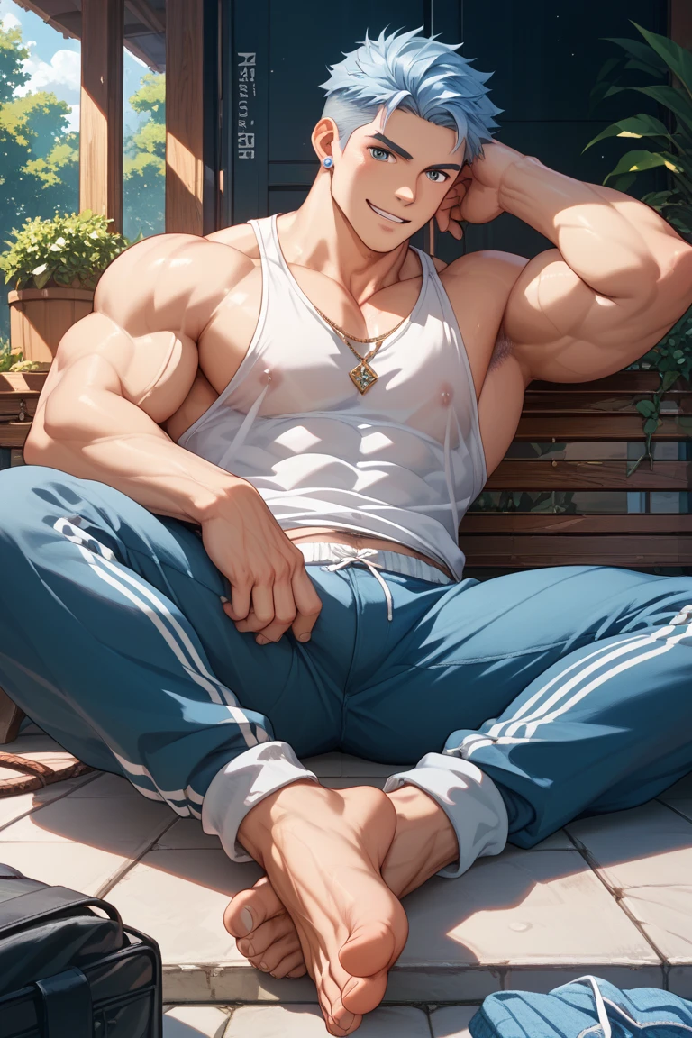 Boy, male body, adult, girl face, seductive face, seductive look, tomboy, perfect body, fit body, white shirt, muscular, small chest, orange cycling shorts with pretuberance, pretuberance, background: bed, lying down, hooters