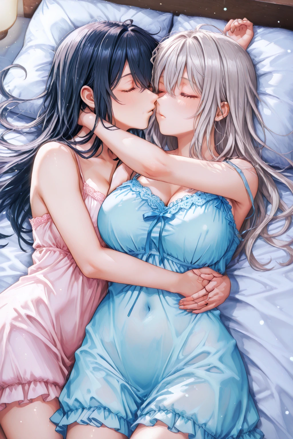 masterpiece, best quality, highly detailed, score_9, score_8_up, score_7_up, score_6_up, source_anime, BREAK, (2 girls, Kaori Kitamura, Ami Sasaki, large breasts, curvy, beautiful eyes, bending, showing off body), blush, extremely horny, sweat, sexy pic, laying in bed, laying on back, (simple background, female focus), (provocative, dynamic_angle, from side), supermodel, perfectly balanced facial features, smooth clear skin, youthful, slim waist, long legs, metal collar, nude, pregnant, kissing, deep kissing, masturbating other, big belly, lactating, eyes closed, cum in pussy