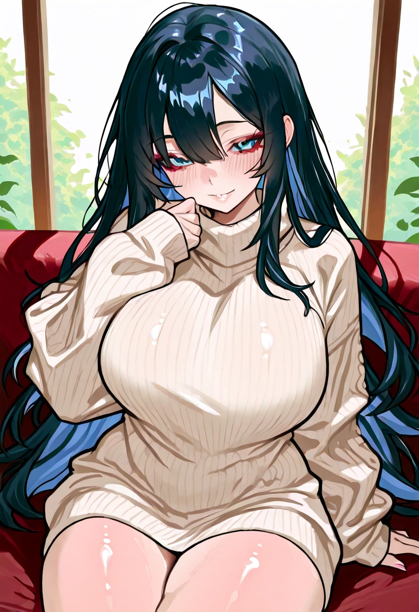 Perfect human body,maidennurse,Mature and intellectual woman, (very highly detailed background,Bedrooms), ,long whitr hair,hair adornments,Colossal titreastless sweater dress,sharp look,ssmile,(Blushlush:1.2),