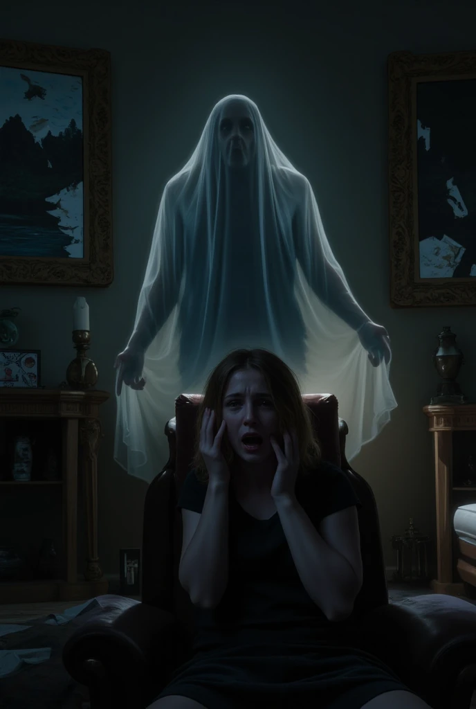 woman, age 30, milf, exploring a dimly lit attic, with ghostly figures lurking in the shadows and eerie portraits that seem to watch her every move.