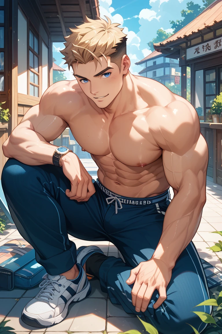 ((the best quality)), ((Masterpiece)), (details), perfect face, high definition, Masterpiece,4k,details clearly, Handsome face, white skin, perfect body, male body, strong muscles, abdomen, blue eyes, white skin, The most handsome man in the world, handsome, The coolest face, Male characters, close image (1man, shirtless), young man, mischievous smile, Extremely muscular tall man, open your eyes ((detailed eyes)), huge, muscular body and Massive, bulging pecs, muscular abs, narrow waist, short hair, blue eyes, delicate big eyes, carefree expression, clear face, handsome (detailed face, perfect face) ((extremely realistic shadows, bodybuilding posture, human, ((22-year-old young man)), V shape, athletic pants, athletic, Shirtless, Sunlight, Street wall, lower pants, topless, close up look, CG sense, Textured skin, the best quality, Storytelling images, athletic fashion, lower your pants, show Panty line, silver chain on neck