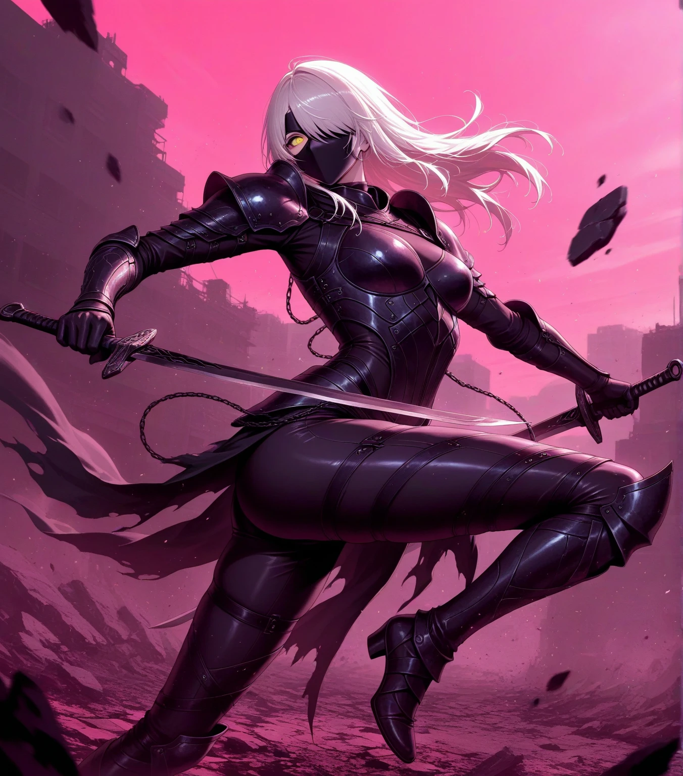 Black long straight hair ponytail female chest cleavage tights white sci-fi armor high heels katana sword apocalyptic ruined city