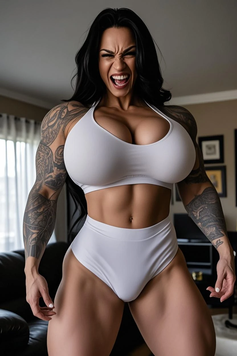 Best quality, solo woman, dark brown skin, very curvy, thick body, pretty, massive , massive ass, smng, short curly brown hair side part, green eyes, white tank top, tight booty shorts, full lips, seductive, mature