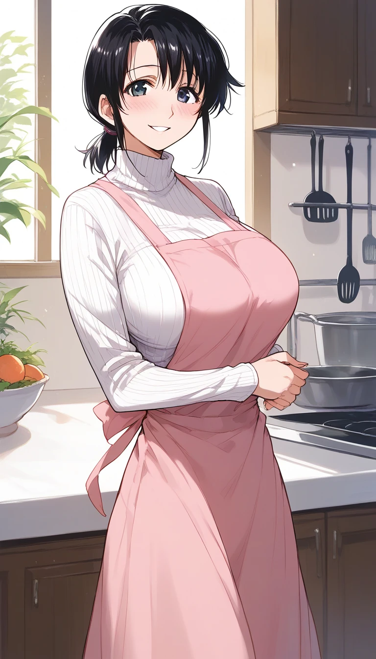 detailed illustration (side view),dynamic angle,ultra-detailed, detailed eyes, detailed face,
 1girl, night , nightime, stars, 1950 wife, button up blouse and long skirt, anime half closed eyes, lidded eyes, knowing smile, mischievous smile, standing in kitchen, domestic goddess, black hair, huge breasts, wholesome yet sexy, motherly, nurturing, MILF, glass sliding door, moonscape outside, dark blue eyes, highly detailed eyes, detailed eyes, bright eyes