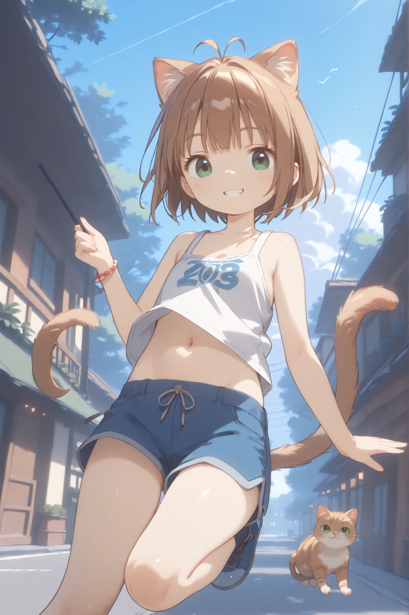 (masterpiece),(Highest Quality),high score,Hi-Res,incredibly absurdres,Anime screencap,pastel colors that bring your face closer,Anime,、、、Juvenile body、Babyface、Cat ears、cat tail、、 immature body、1 girl playing with a cat, solo, green eyes, brown hair, shorT hair, stupid hair, anTenna hair, Smile Yan, , lori、 lori体形、young limbs 、10Year old、flat chest、Jumping、tank top with string、shorts with a cue stick、 with a visible navel
