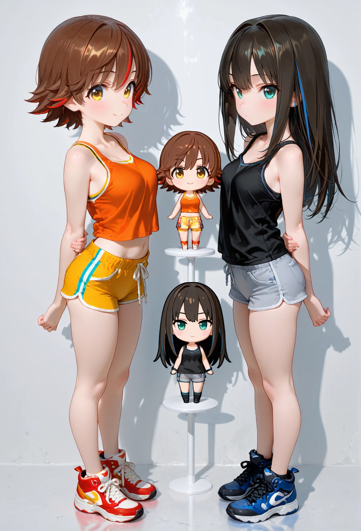 ((full body)),(masterpiece, best quality), (2 girls1.5) ,((Contrapposto:1.5)), looking at viewer, walking,((v_arms:1.2)), (wearing gym_uniform:1.3),, BREAK masterpiece black hair, ((long hair:1.2)), ((parted bangs:1.3)), black eyes, good hand, ((small breasts)), (over 20 years old, under 25 years old:1.2), , spotlight, happy, smile, BREAK white background